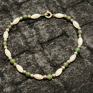 Handmade Gold, Green & White Pearl Beaded Women's 7” Bracelet